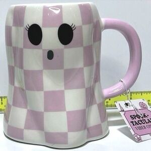 NWT Sunday Morning Ghost Mug Pink Checkered Halloween Ceramic 17oz